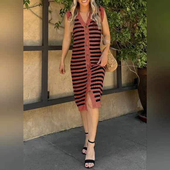 NWOT Striped Black and Rust Button-Down Knit Cardigan - Picture 3 of 7